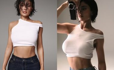 Kylie Jenner shfaq barkun në një bluzë të ngushtë, në imazhet e reja për veshjet “Khy”