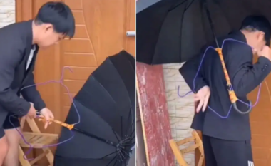 Bëhet virale ideja e indianit që e shndërron ombrellën e tij në një çantë shpine të improvizuar për t’u mbrojtur nga shiu