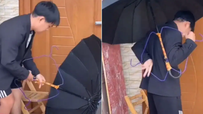 Bëhet virale ideja e indianit që e shndërron ombrellën e tij në një çantë shpine të improvizuar për t'u mbrojtur nga shiu