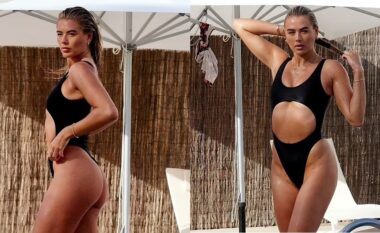 Modelja angleze Arabella Chi, tregon fizikun e saj mbresëlënës në rroba banje të në pushimet në Ibiza