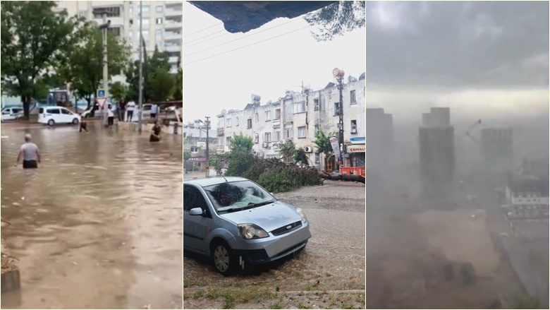 Qyteti turk i Adanas u godit nga një stuhi e fortë – rrëzohet një vinç ndërtimi, pemët bien mbi automjete të parkuara