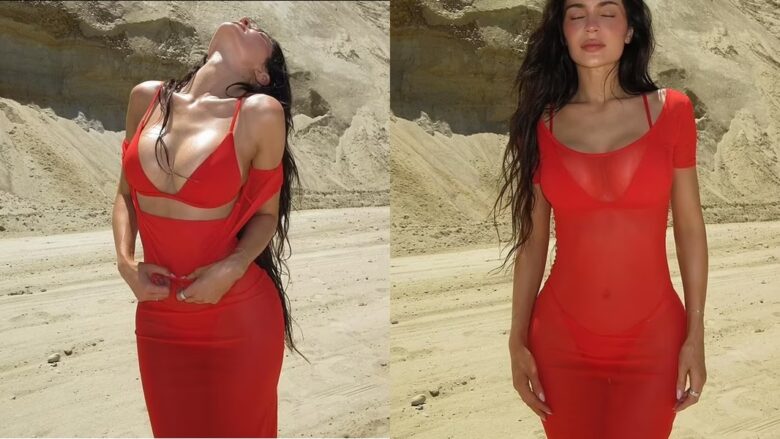 Kylie Jenner shfaq dekoltenë e saj, teksa pozon në garderobën nga linja e saj “Khy”