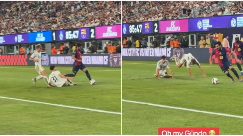 Dy lojtarët e Real Madridit u përplasen duke tentuar t’ia rrëmbenin topin Ilkay Gundoganit