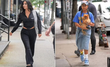 Kim Kardashian duket atraktive në të zeza në New York, ndërsa shoqërohet nga vajza e saj dhe qeni i tyre Sushi