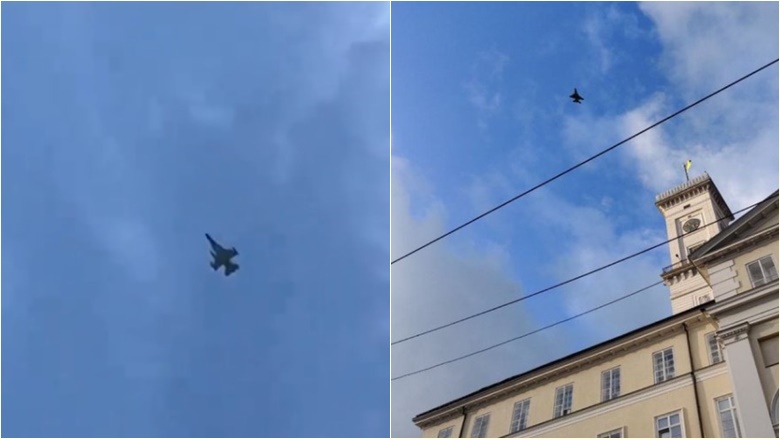 Pamje që thuhet se tregojnë një aeroplan F-16, të parin që ‘fluturon mbi Ukrainë’