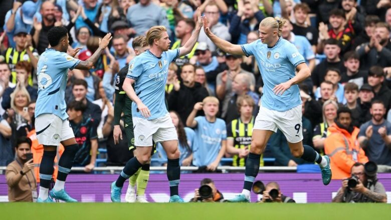 Haaland i pandalshëm, shënon dy gola për t’i dhuruar tri pikë të reja Manchester Cityt