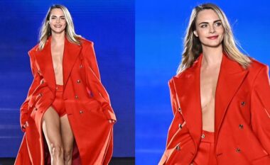 Cara Delevingne merr tërë vëmendjen në një pallto të kuqe dramatike në shfaqjen “L’Oreal”