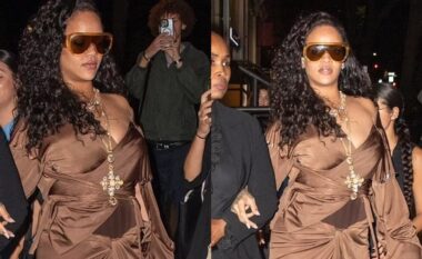 Rihanna mahnit me një fustan mëndafshi ngjyrë kafe, në mes të Javës së Modës në New York