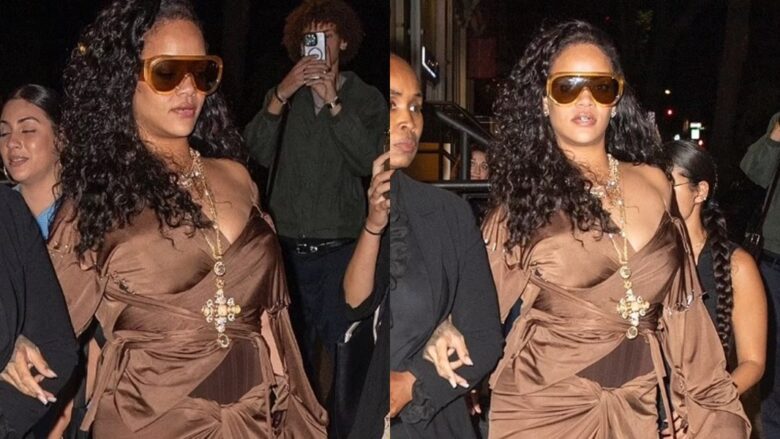 Rihanna mahnit me një fustan mëndafshi ngjyrë kafe, në mes të Javës së Modës në New York