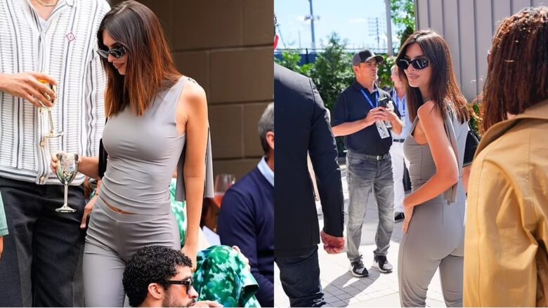 Emily Ratajkowski duket joshëse me një kostum gri, teksa bashkohet me Jayson Tatum në “US Open”