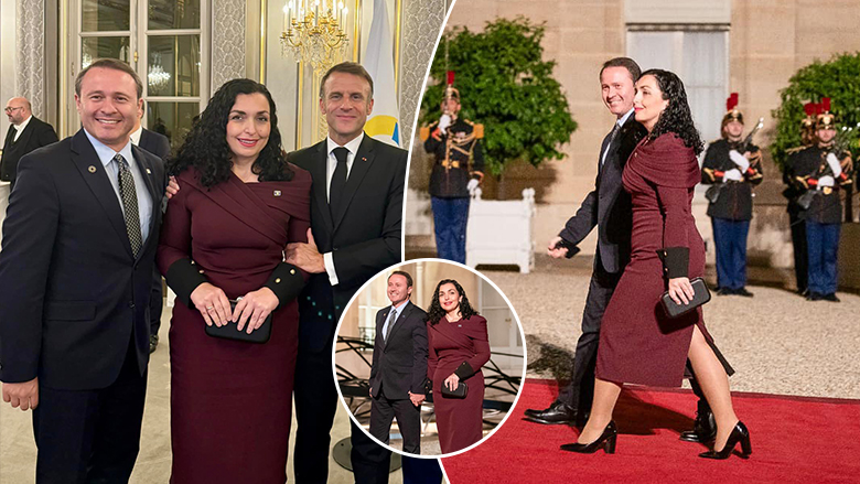 Presidentja Osmani me dukje elegante në Paris, ndërsa pozon krah Macronit me bashkëshortin e saj