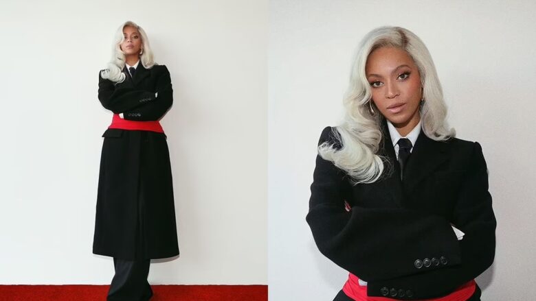 Beyonce duket elegante dhe plot stil me një pallto të zezë dhe krevatë