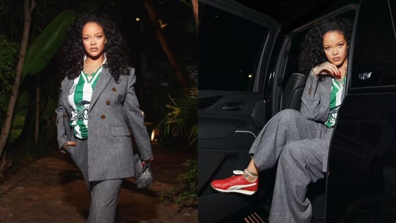 Rihanna bën një ndryshim në stil, duke veshur një kostum elegant me një fanellë sportive