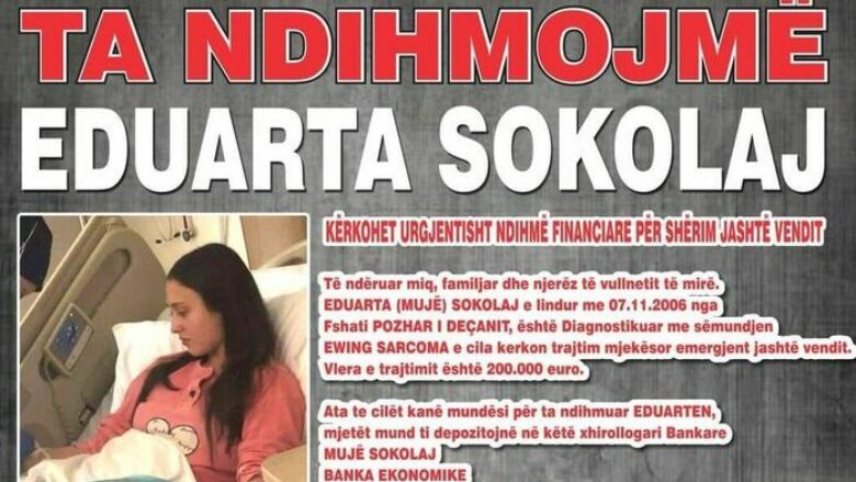 Apel për ndihmë, Eduarta Sokolaj nga Deçani ka nevojë për trajtim jashtë vendit