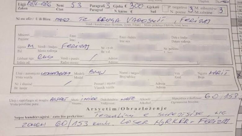 Ishte 60, vozitën 153 km/h – Policia i dënon me 300 euro, 3 pikë negative e masë mbrojtëse