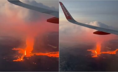 Teksa po fluturonte me aeroplan ‘mbi llavën e zjarrtë të tij’, turistja filmon shpërthimin spektakolar të vullkanit në Islandë