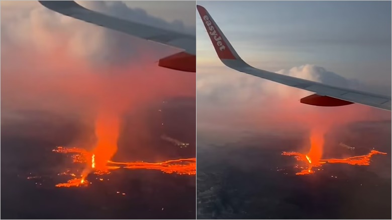 Teksa po fluturonte me aeroplan 'mbi llavën e zjarrtë të tij', turistja filmon shpërthimin spektakolar të vullkanit në Islandë