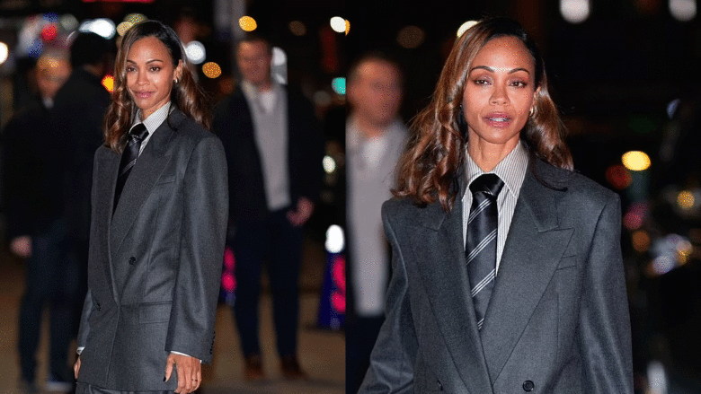 Zoe Saldana shfaqet elegante me kostum gri në New York