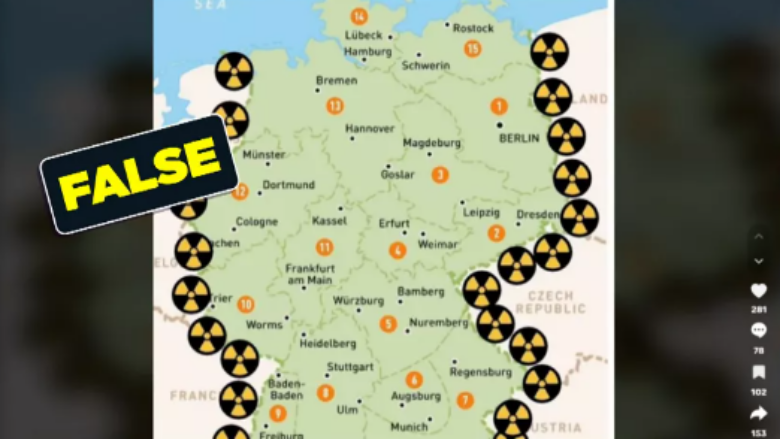 Harta e rreme tregon Gjermaninë e rrethuar nga termocentrale bërthamore