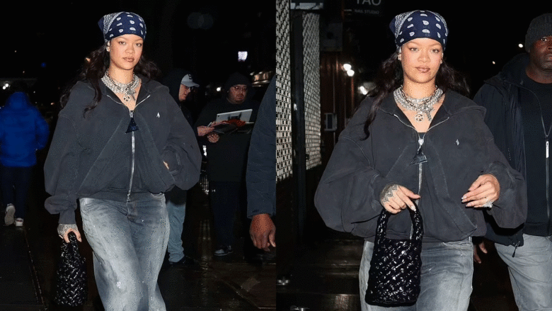 Rihanna shfaq stilin e saj urban në New York me shami të kaltër dhe xhinse të gjera