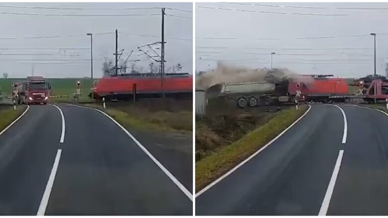 Kishte ngecur në shina, treni që transportonte vetura godet kamionin me rërë në Gjermani – pamje amatore nga përplasja