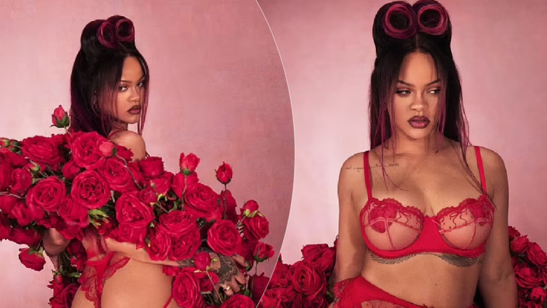 Rihanna duket e mrekullueshme në të brendshme të kuqe me dantella