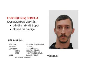 Policia në Pejë kërkon bashkëpunimin e qytetarëve për arrestimin e të dyshuarit Egzon Berisha