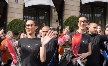 Bella Hadid mahnit në Paris me një pamje elegante dhe një buqetë trëndafilash