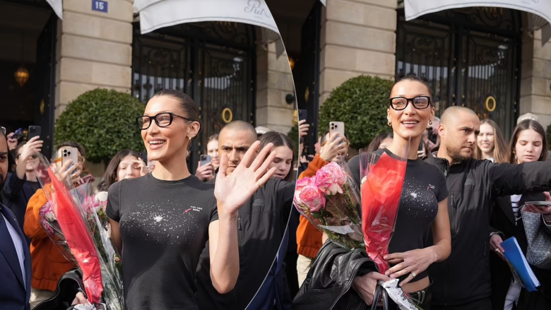 Bella Hadid mahnit në Paris me një pamje simpatike dhe një buqetë trëndafilash