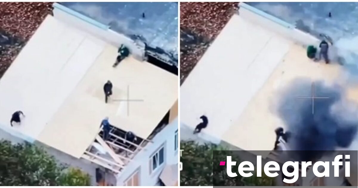 Ukrainian civilians were repairing the roof of the building when they were attacked by a Russian drone – footage of this horrifying scene