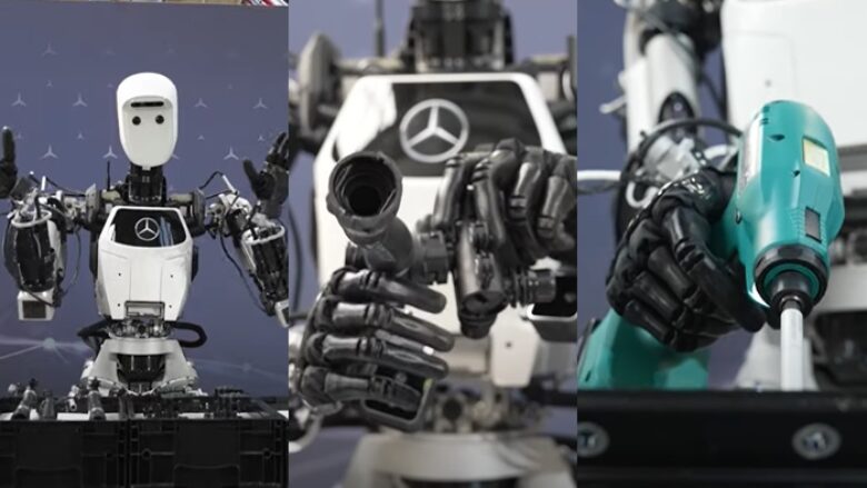 Mercedes teston robotin humanoid Apollo - publikohen pamjet e robotit duke montuar pjesë të motorit në fabrikat gjermane